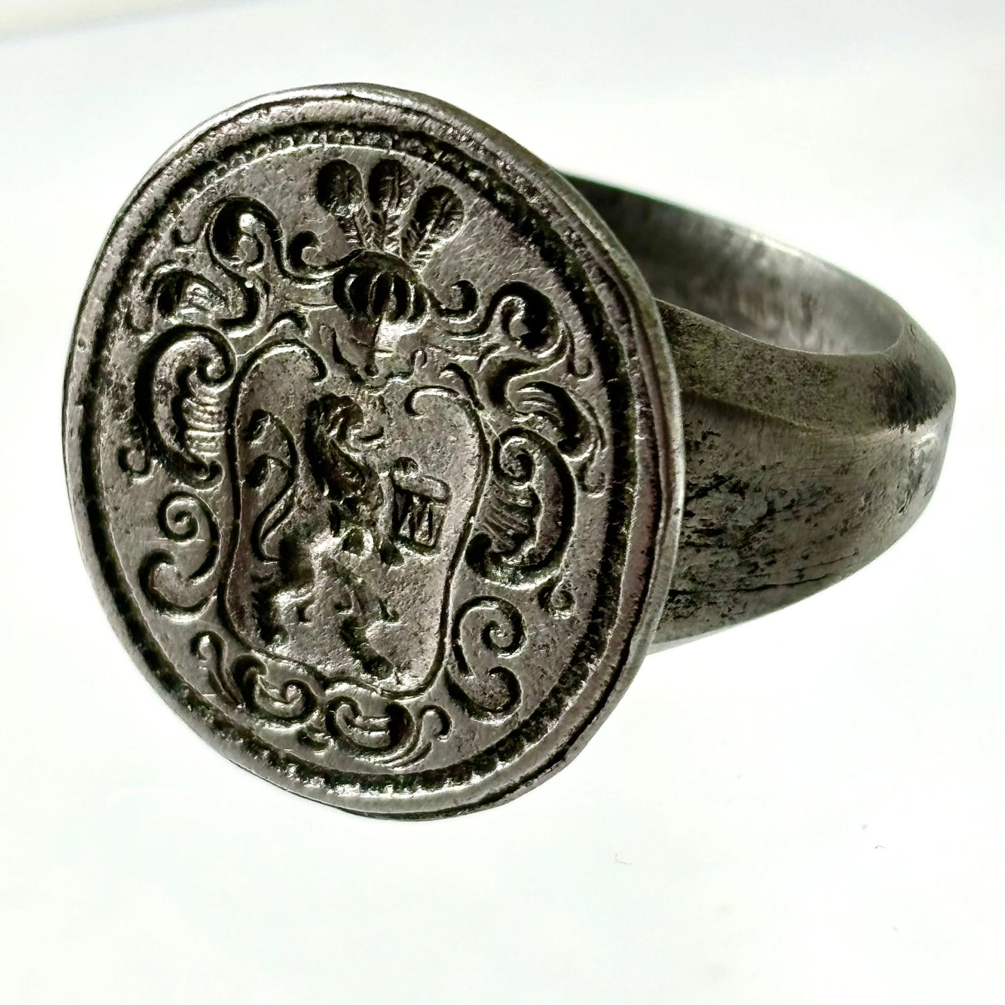 Engraved steel armorial ring