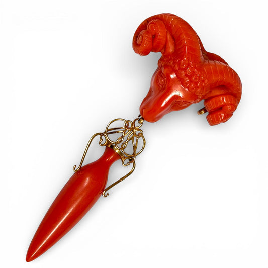 Italian Grand Tour Carved Coral Ram’s Head